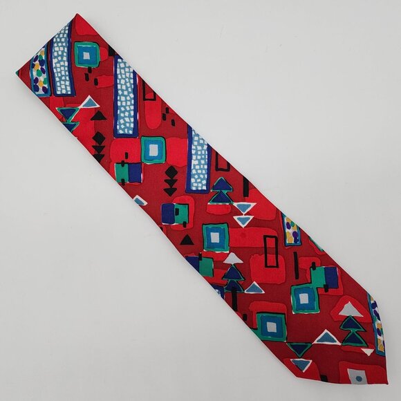 Oscar de la Renta Necktie Silk Holiday Geometric Red Green 61" L 3.75" W - Picture 3 of 6